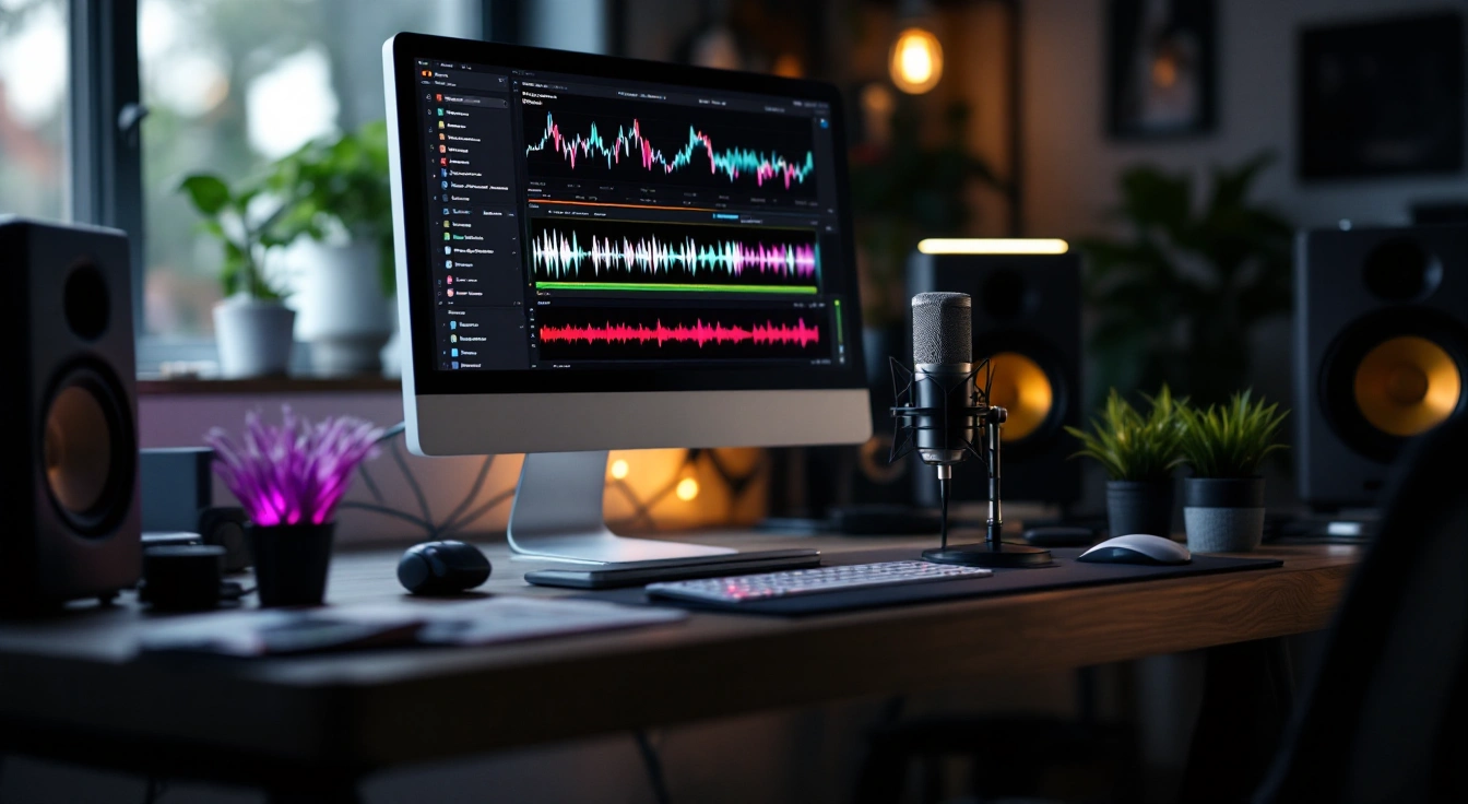 A monitor showing colored tracks beside a microphone on a wooden desk.