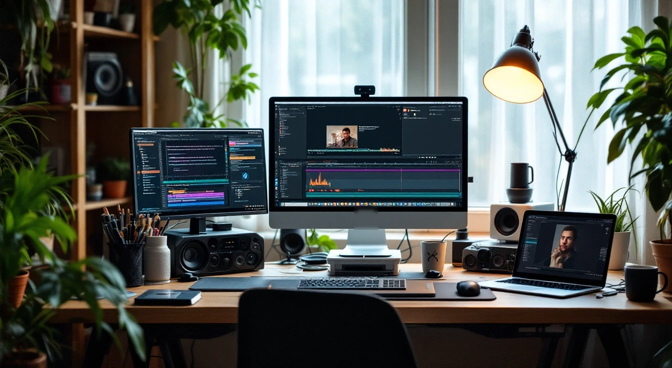 Two monitors and a small screen on a desk surrounded by speakers and plants.