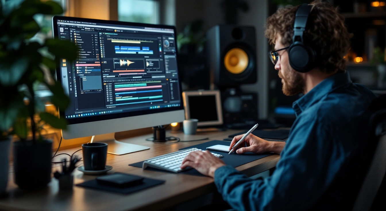 A person wearing headphones writing on a pad beside an editing monitor.