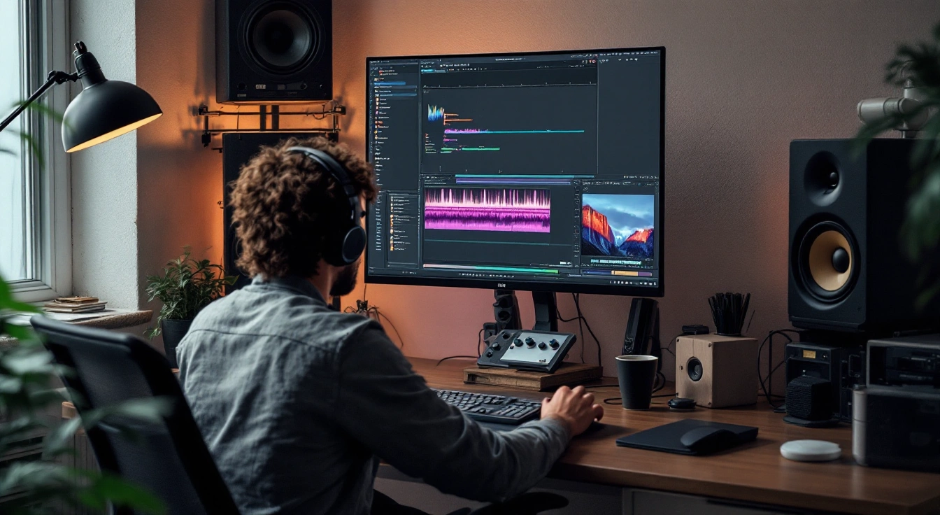 A person wearing headphones at an editing monitor beside speakers and a lamp.