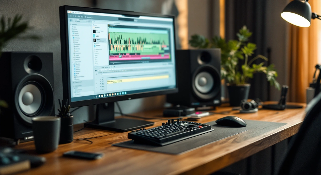 A desktop monitor showing editing tracks between two speakers on a wooden desk.