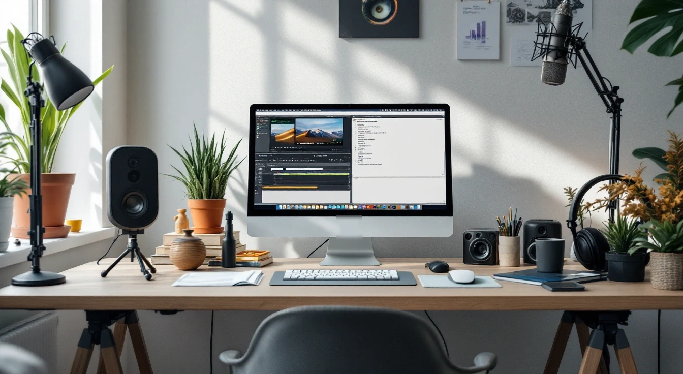 A monitor and keyboard on a bright desk with a lamp and suspended microphone.