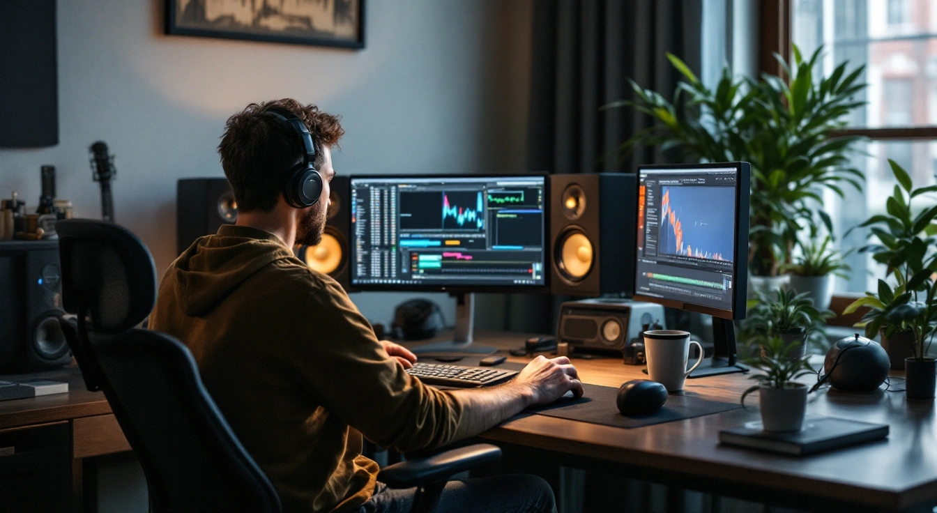 A person wearing headphones working at two monitors beside a window.