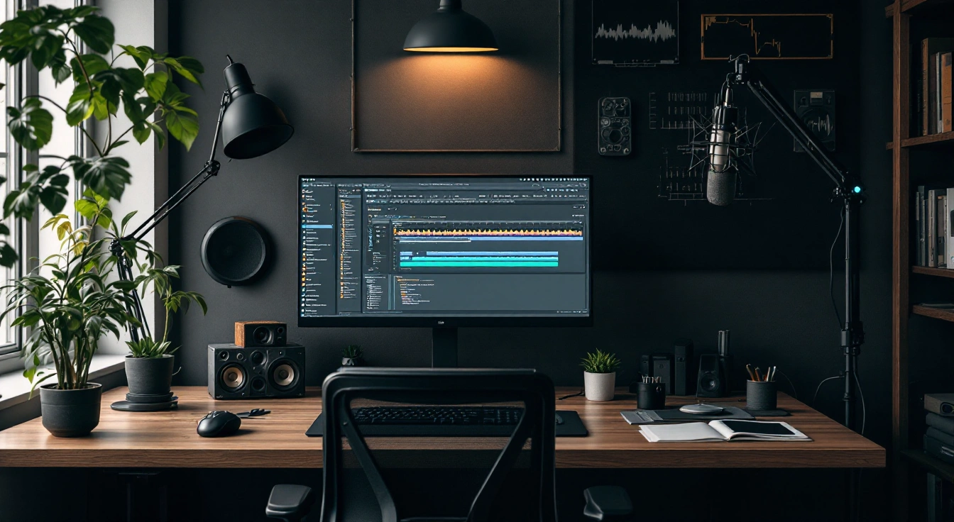 An empty editing desk with a monitor, speaker and suspended microphone.