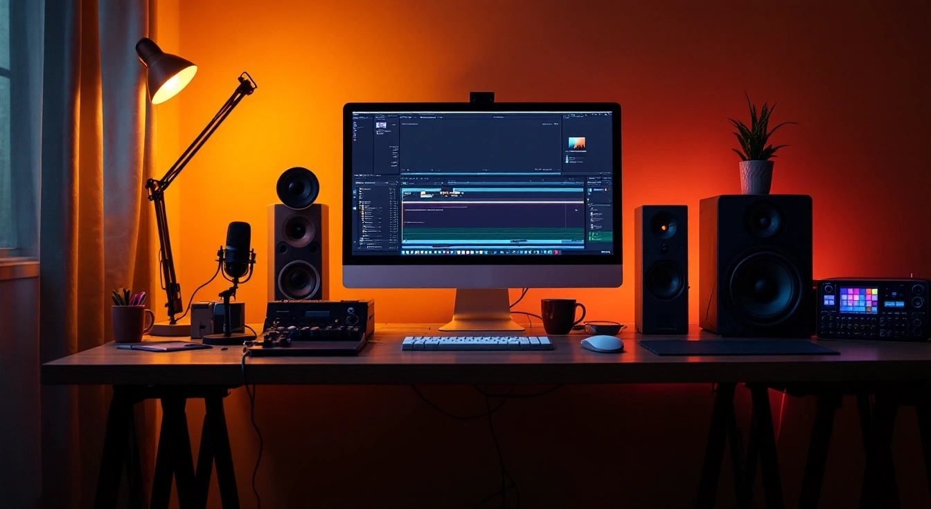 A monitor, microphone and speakers on a desk lit by a lamp.