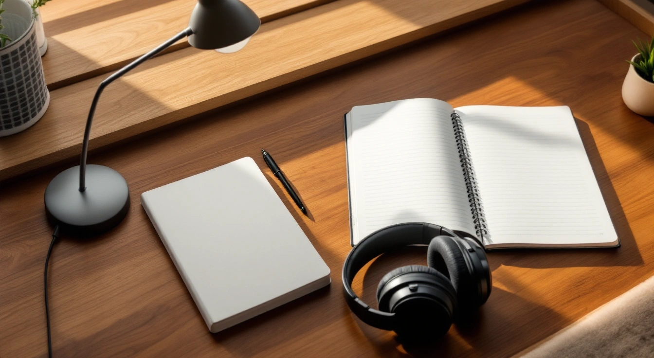 Headphones and a notebook arranged on a worktable.