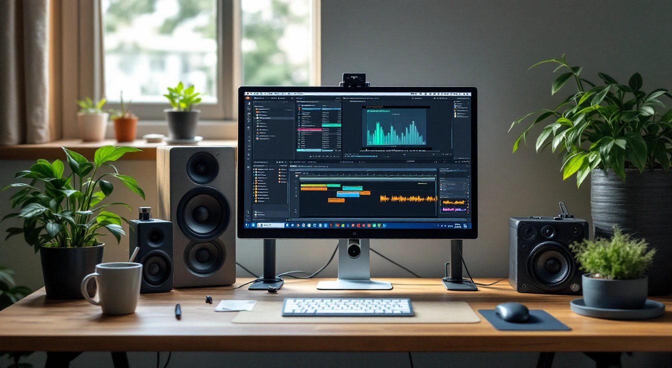 A monitor, keyboard and speakers on a desk surrounded by potted plants.