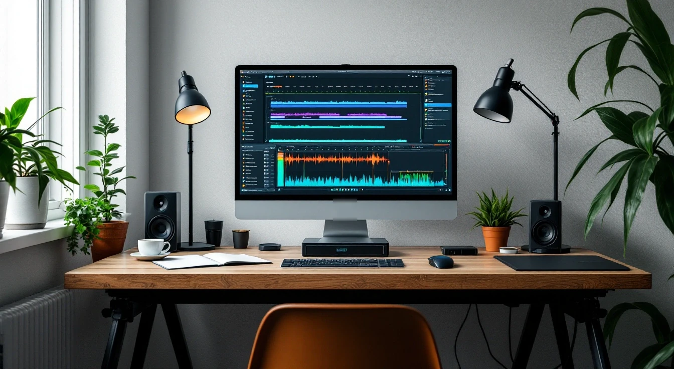 A monitor showing audio tracks between lamps and speakers on a wooden desk.