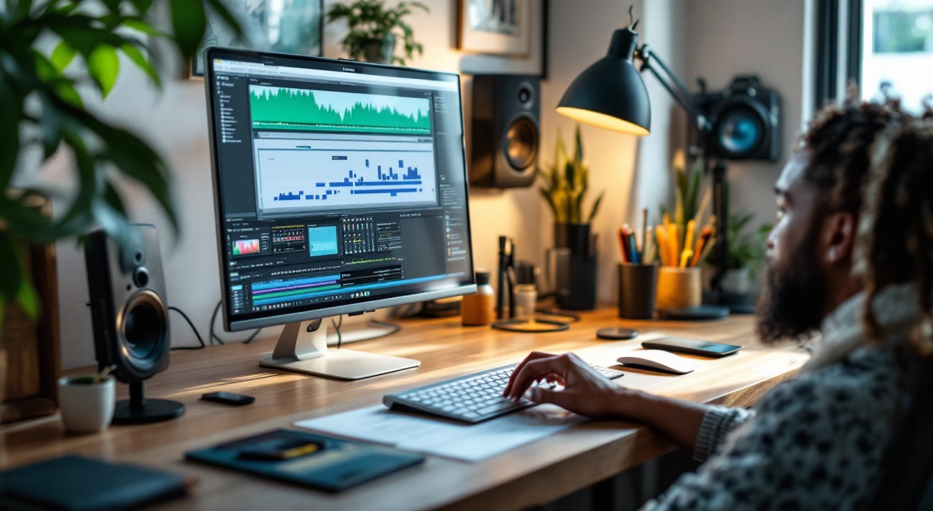 A person using a keyboard at a desk with a monitor and speakers.