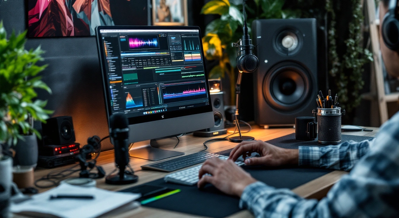 Hands at a keyboard beneath a monitor beside a large speaker.