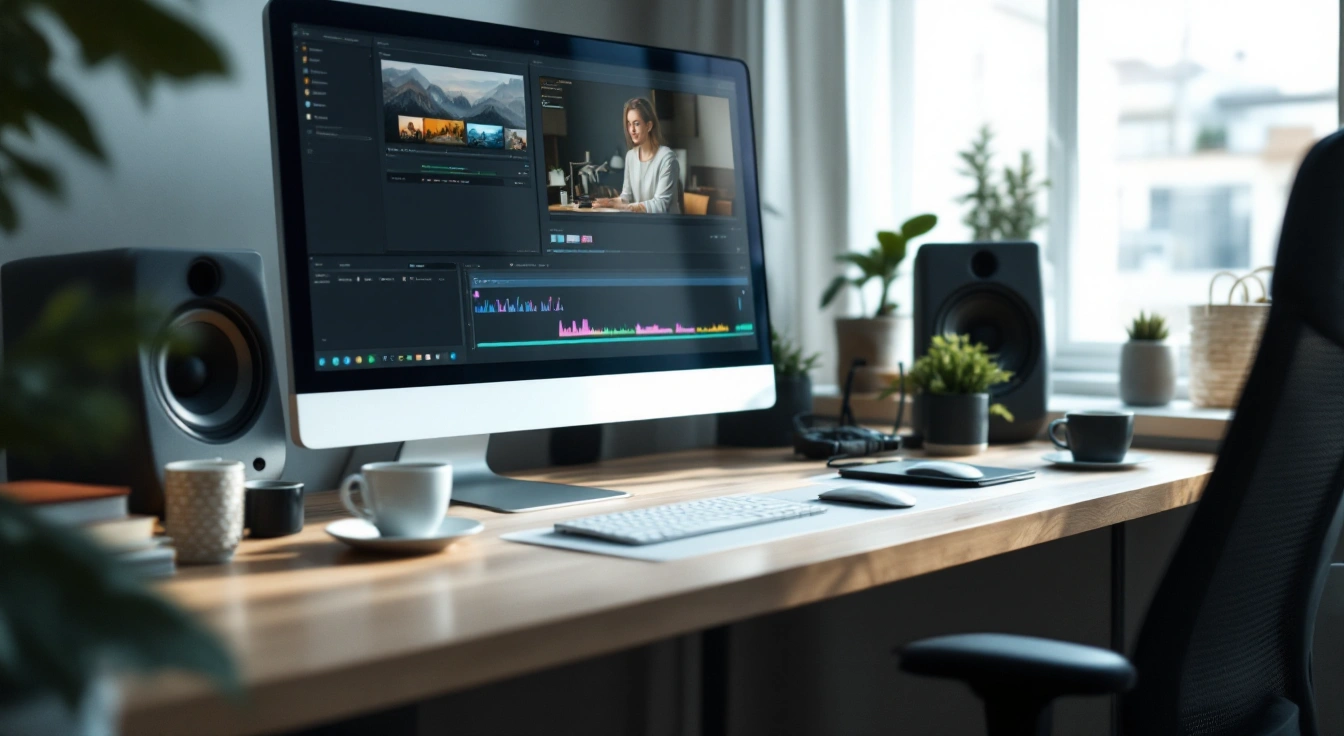 A monitor showing a video editing workspace beside speakers and a cup.