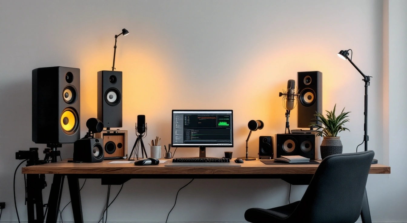 A home recording desk with speakers, microphones and an empty chair.