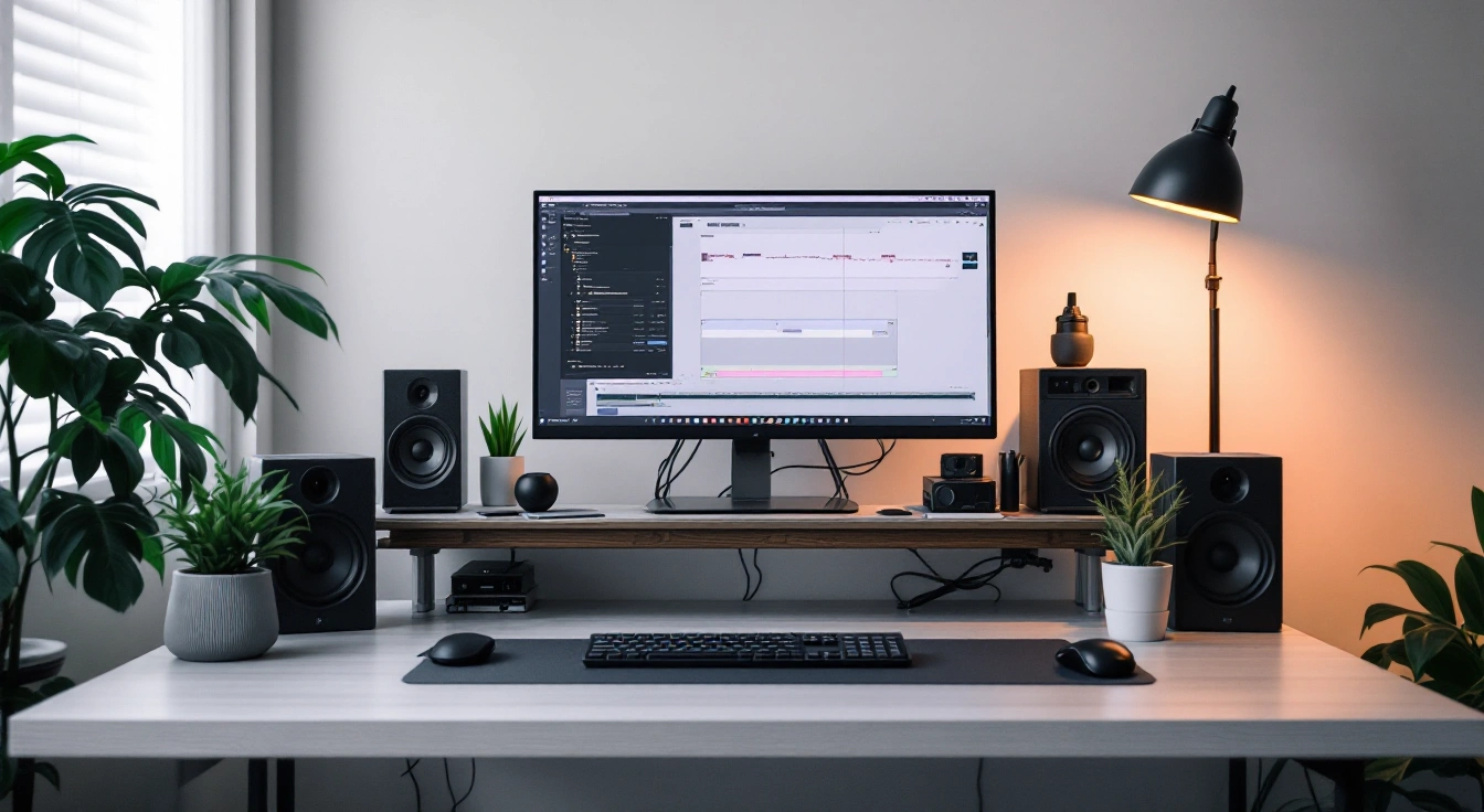 A monitor on a raised stand above a keyboard, with speakers and plants.
