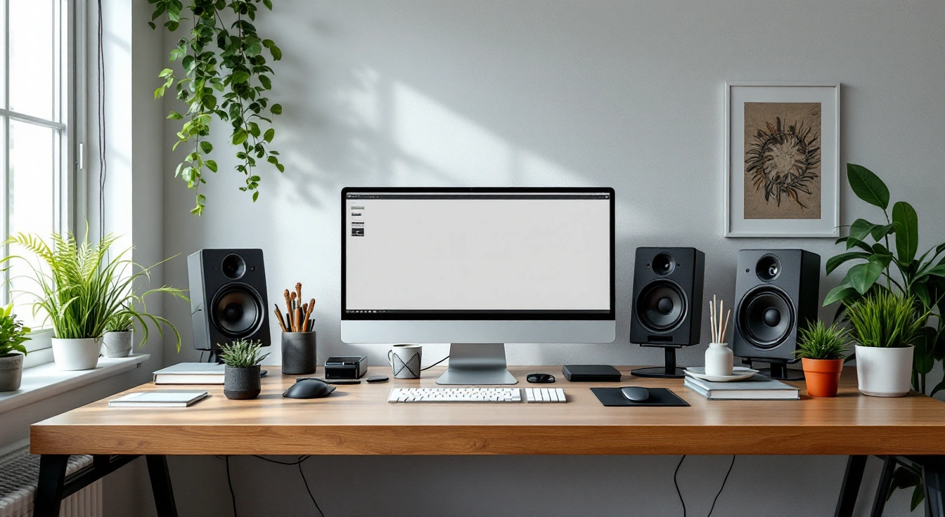 A bright desk with a monitor, keyboard, speakers and potted plants.
