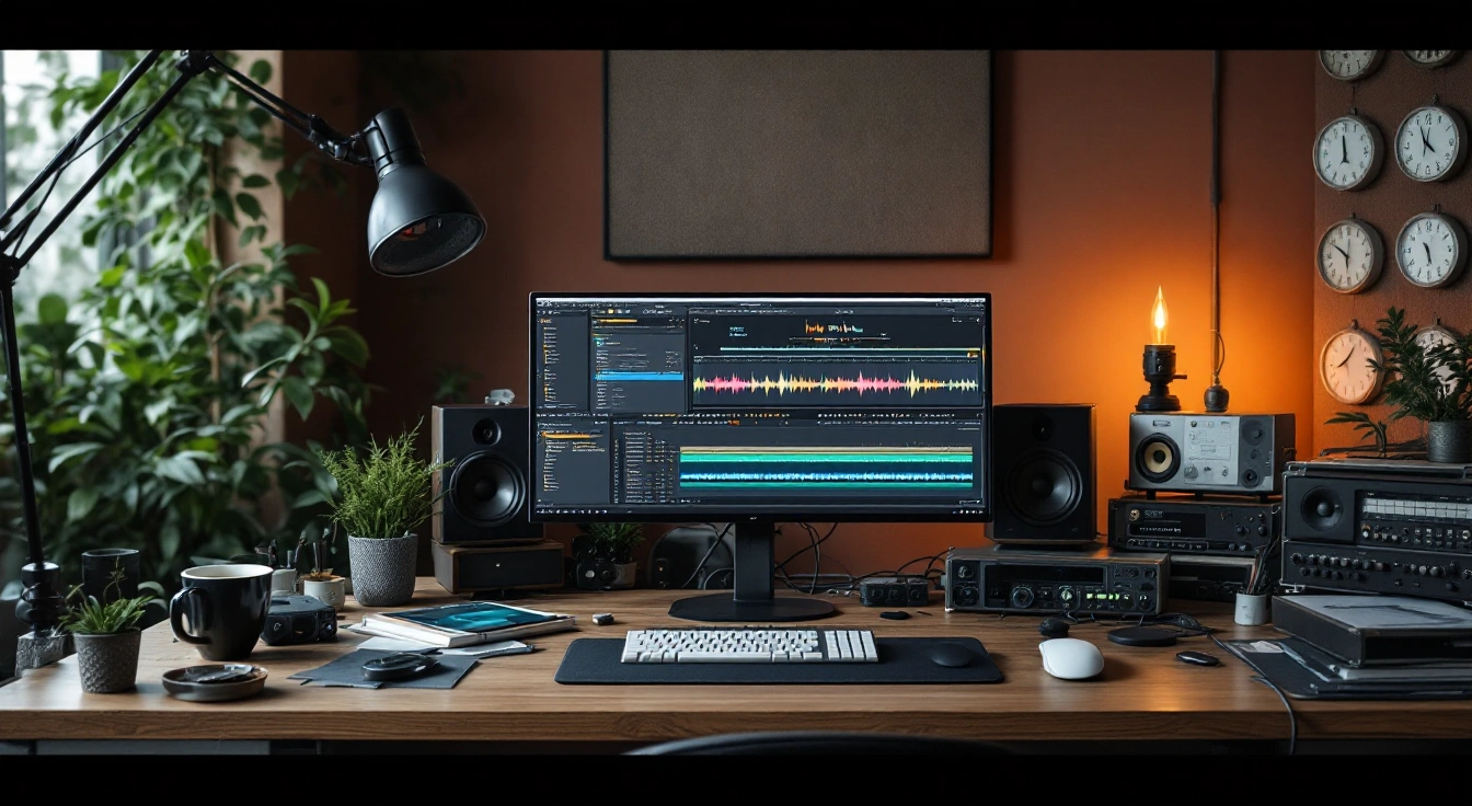 A monitor and keyboard beside audio equipment, plants and wall clocks.