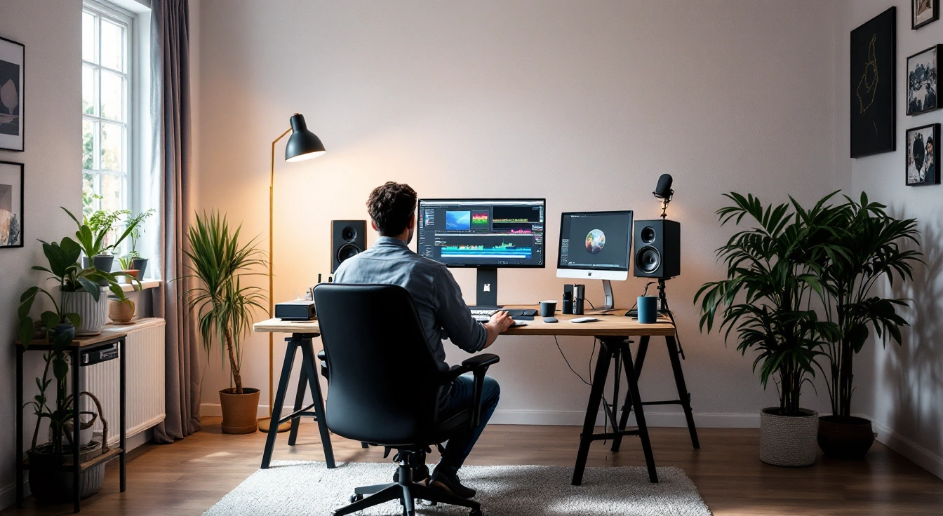 A person seated at a home studio desk surrounded by plants.