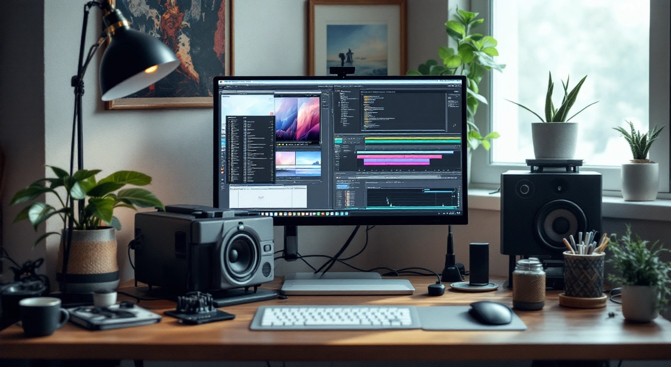 A monitor and keyboard surrounded by speakers, audio equipment and plants.