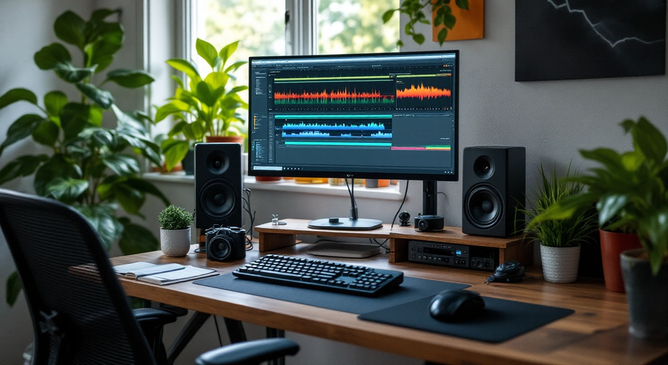 A monitor showing audio tracks above a keyboard on a wooden desk.