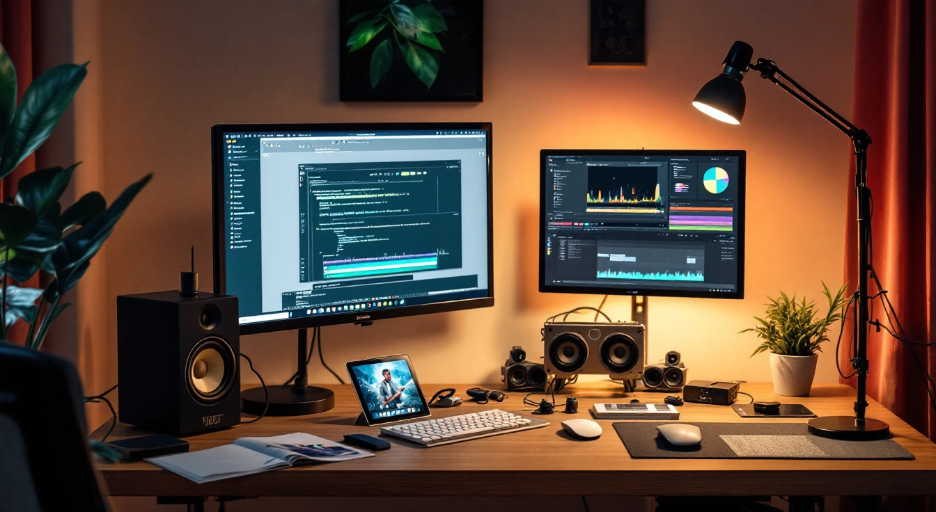 Two monitors and audio equipment on a desk beneath a lamp.