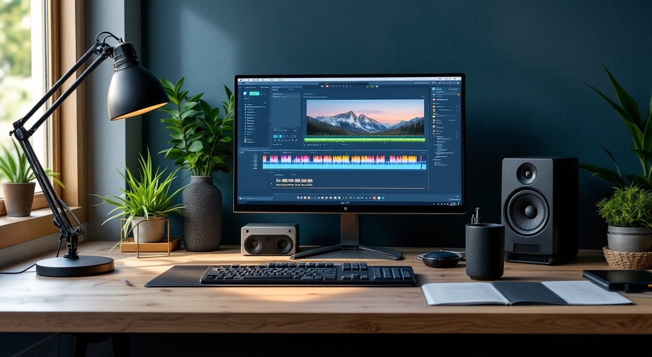 An editing monitor above a keyboard between speakers beside a window.