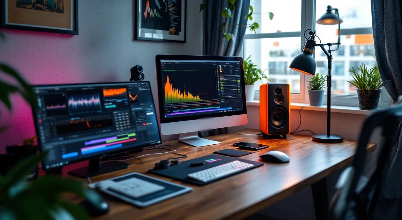 Two monitors above a keyboard beside a window, speaker and desk lamp.
