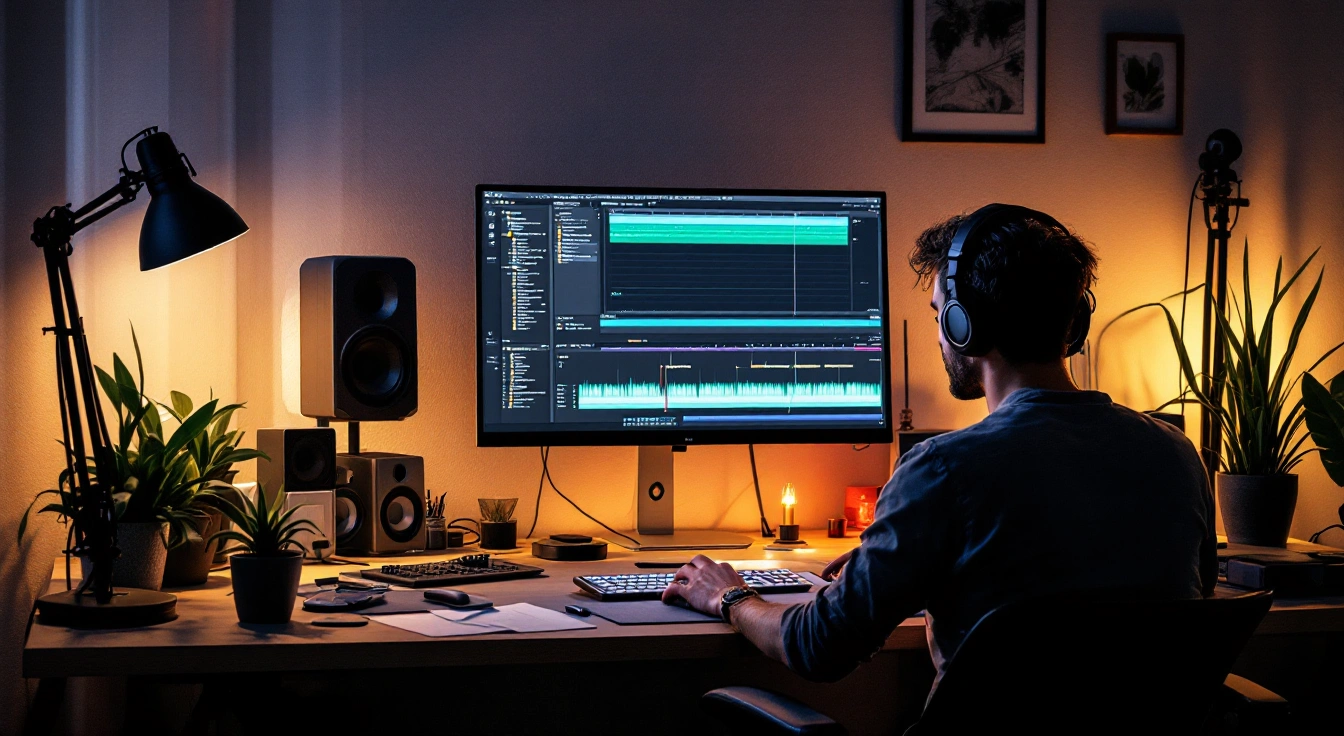A person wearing headphones at an editing desk with a lamp and microphone.