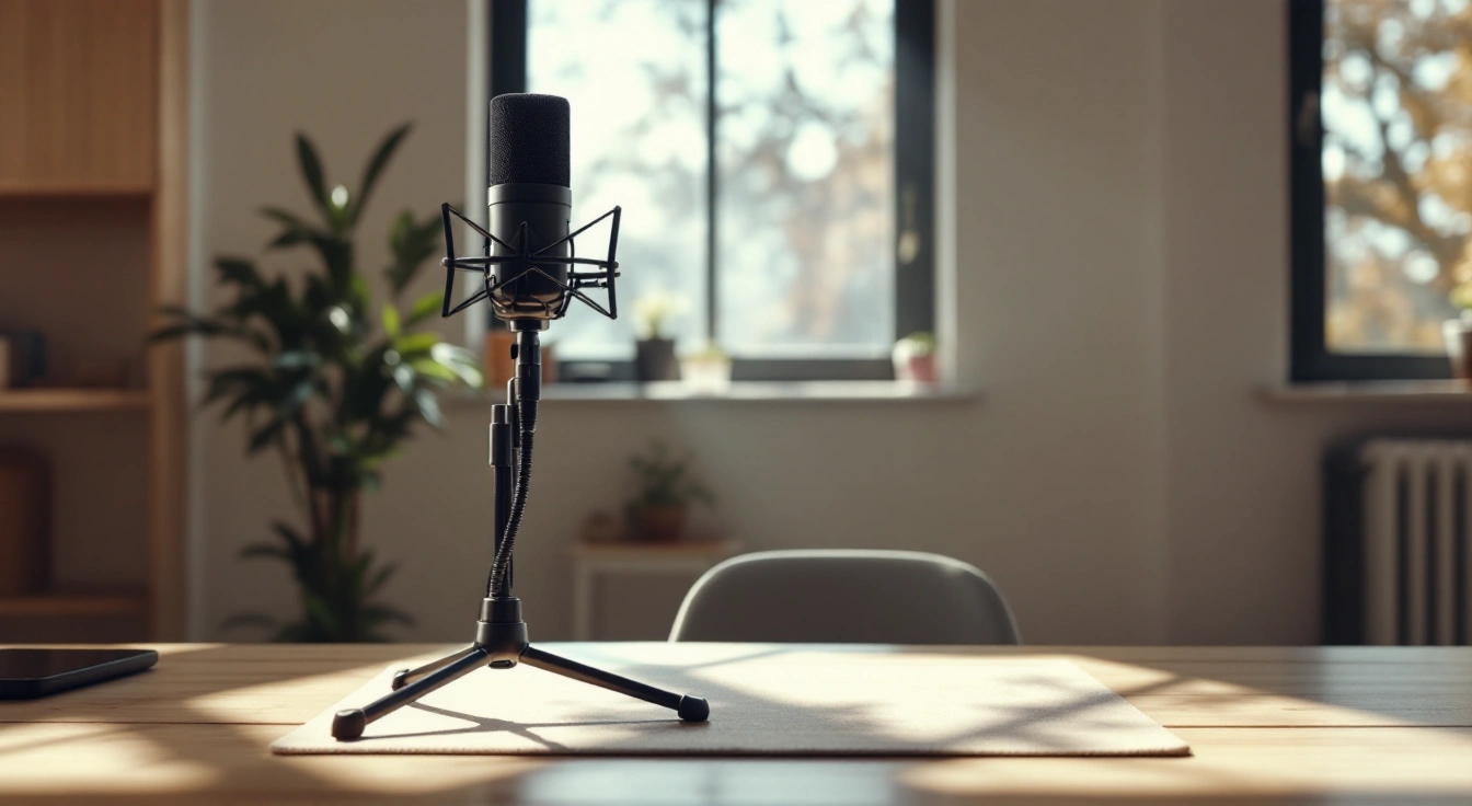 A plain microphone beside an empty chair in a recording space.