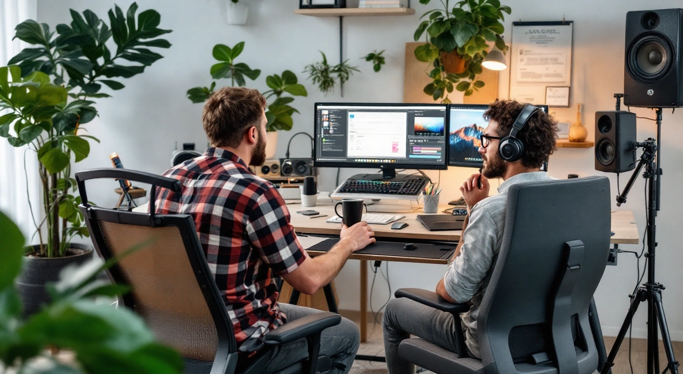 Two people discussing work at a desk with monitors and a microphone.
