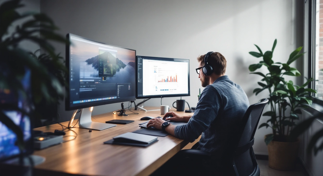 A person wearing headphones working at two monitors in a bright room.