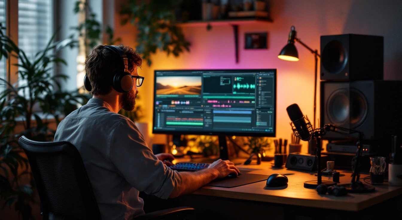 A person at an editing desk with a microphone, monitor and large speakers.