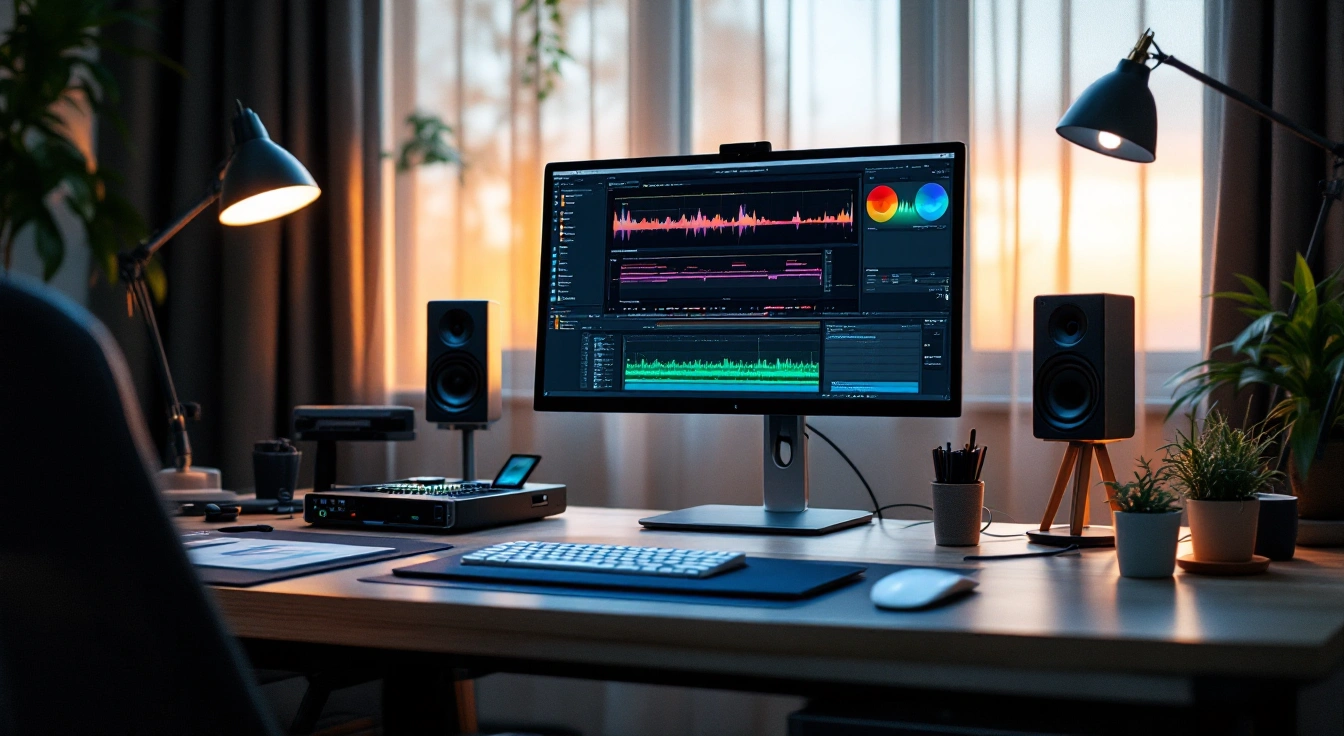 A monitor between two speakers on a desk beside a window.